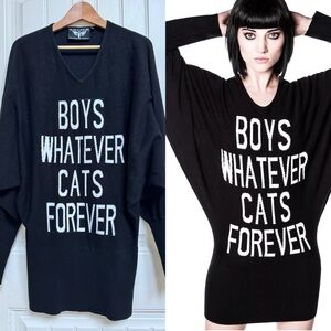 Killstar “Boys Whatever Cats Forever” Black Knit V Neck Dolman Sleeve Mini Dress